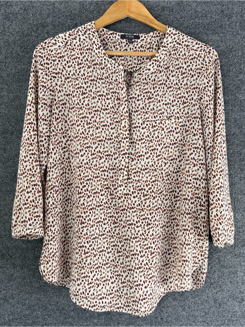 NYDJ Womens 3/4 Sleeve Spotted Top Size Medium Cream Brown Office Career